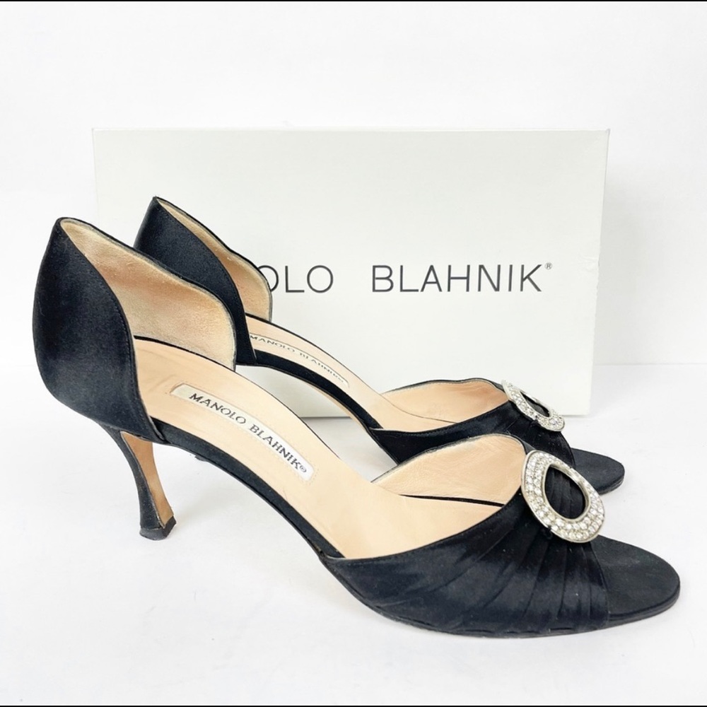 Manolo Blahnik Black Pleated Satin Sedaraby D'orsay Sandals Heels Size 39 US 9